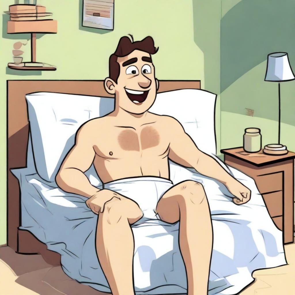 An animated man wearing only underwear, lying on a bed