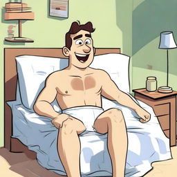 An animated man wearing only underwear, lying on a bed