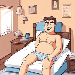 An animated man wearing only underwear, lying on a bed