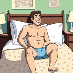 An animated man wearing only underwear, lying on a bed