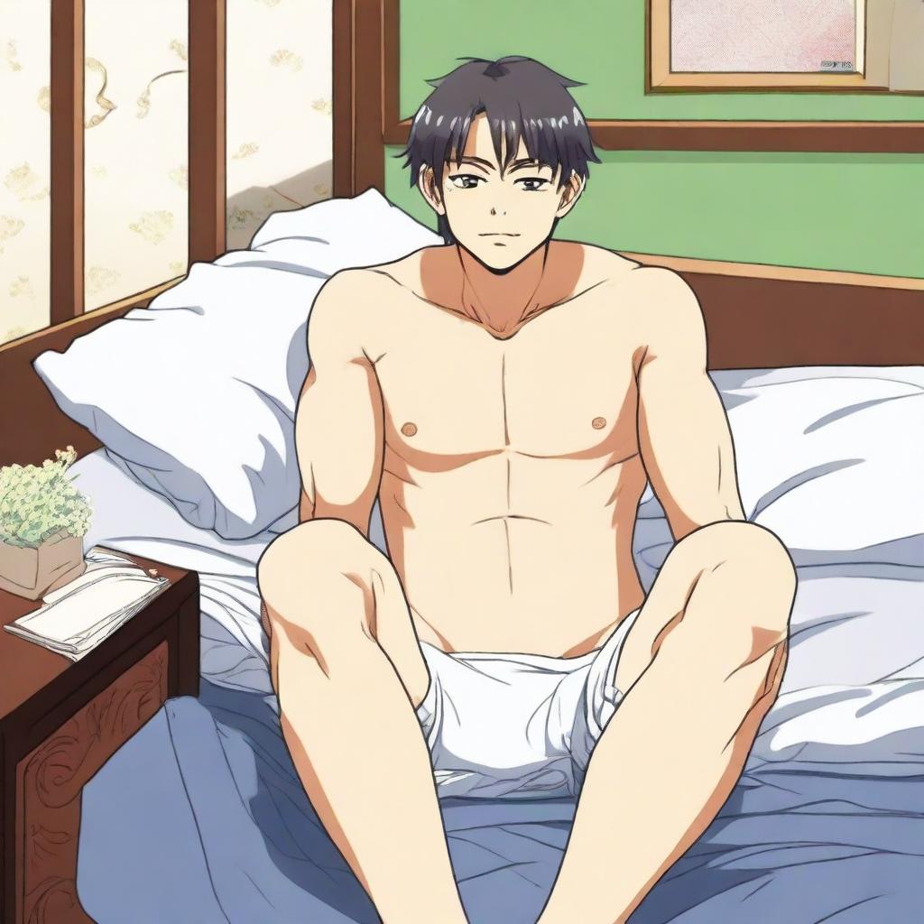 An anime-style Japanese man wearing only underwear, lying on a bed