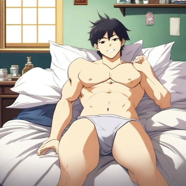 An anime-style Japanese man wearing only underwear, lying on a bed