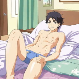 An anime-style Japanese man wearing only underwear, lying on a bed