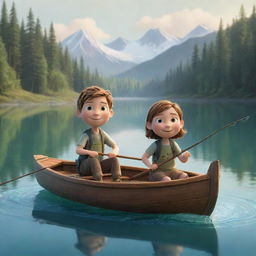 A less realistic, cartoon-style image showing Finn and Fiona in a little boat. They're gleefully casting their lines into the sparkling lake with a fishing rod in hand, anticipating the aquatic wonders to emerge.