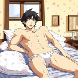 An anime-style Japanese man wearing only underwear, lying on a bed