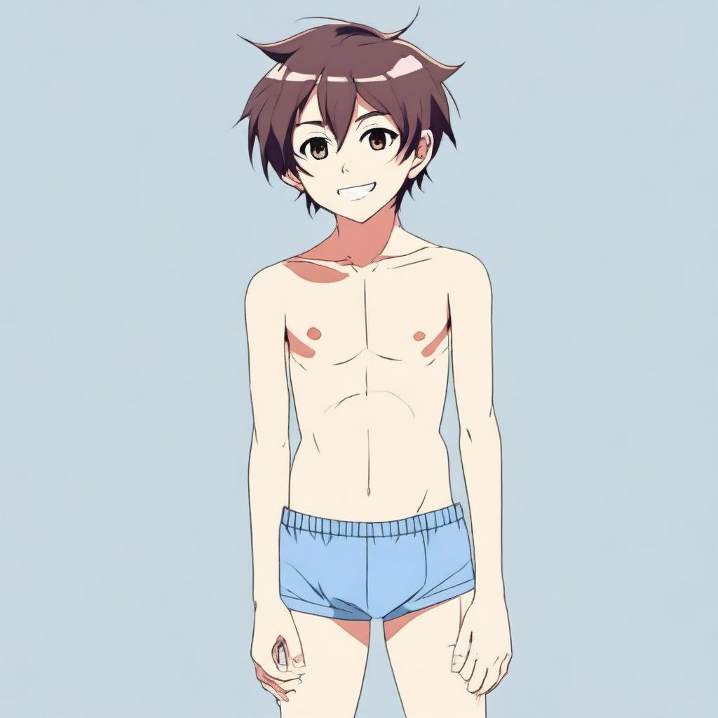 An anime-style teenage boy wearing only underwear