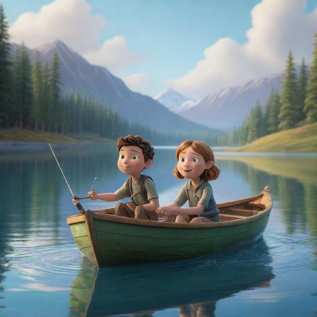 A less realistic, cartoon-style image showing Finn and Fiona in a little boat. They're gleefully casting their lines into the sparkling lake with a fishing rod in hand, anticipating the aquatic wonders to emerge.