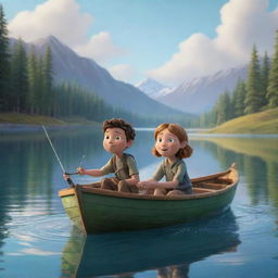 A less realistic, cartoon-style image showing Finn and Fiona in a little boat. They're gleefully casting their lines into the sparkling lake with a fishing rod in hand, anticipating the aquatic wonders to emerge.