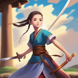 A cute 12-year-old girl in traditional ancient clothing with braided hair, holding a sword and thrusting it towards the sky