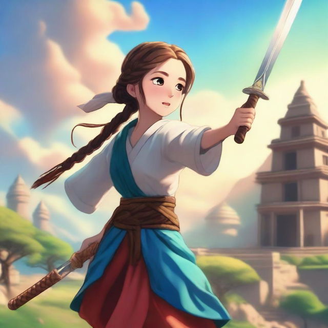 A cute 12-year-old girl in traditional ancient clothing with braided hair, holding a sword and thrusting it towards the sky