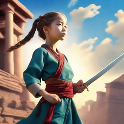 A cute 12-year-old girl in traditional ancient clothing with braided hair, holding a sword and thrusting it towards the sky