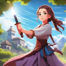 A cute 12-year-old girl in traditional ancient clothing with braided hair, holding a sword and thrusting it towards the sky