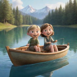 A less realistic, cartoon-style image showing Finn and Fiona in a little boat. They're gleefully casting their lines into the sparkling lake with a fishing rod in hand, anticipating the aquatic wonders to emerge.