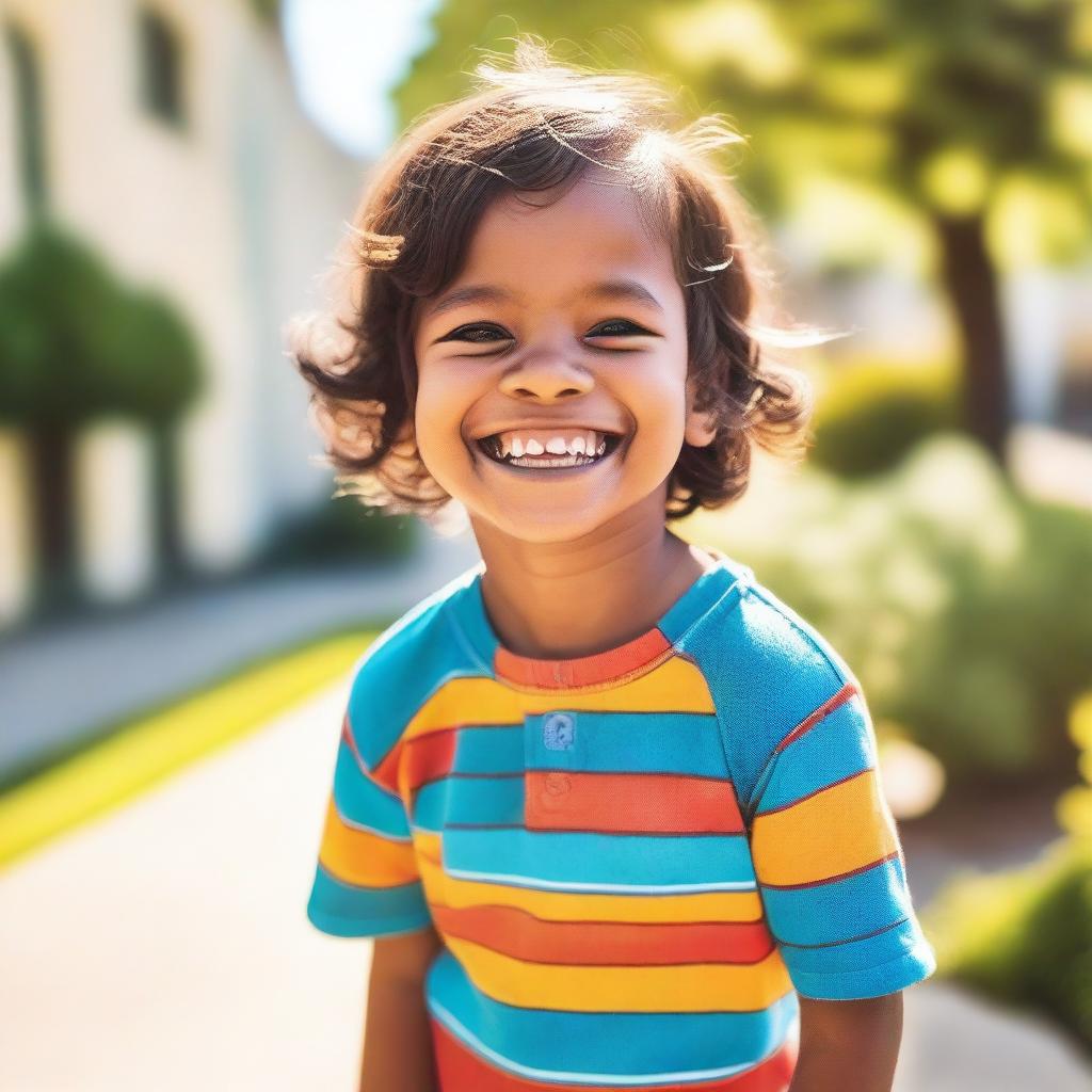 A cute kid with a big smile on their face, standing outside on a sunny day