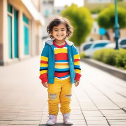 A cute kid with a big smile on their face, standing outside on a sunny day