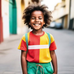 A cute kid with a big smile on their face, standing outside on a sunny day