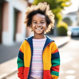 A cute kid with a big smile on their face, standing outside on a sunny day