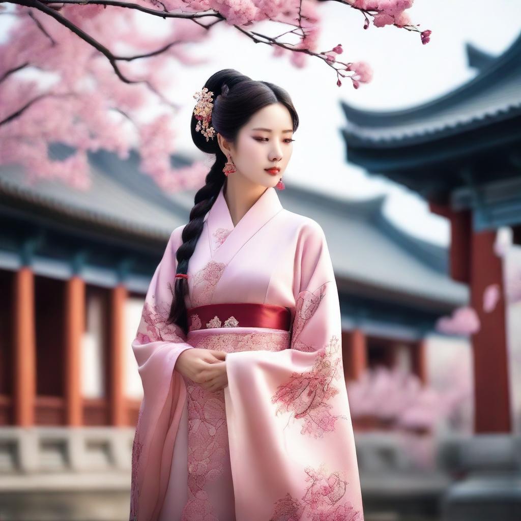 A traditional Chinese girl dressed in ancient attire, featuring intricate embroidery and flowing silk fabrics