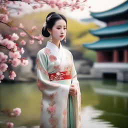 A traditional Chinese young girl wearing ancient attire, with intricate embroidery and delicate accessories