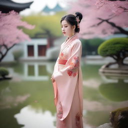 A traditional Chinese young girl wearing ancient attire, with intricate embroidery and delicate accessories