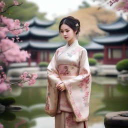 A traditional Chinese young girl wearing ancient attire, with intricate embroidery and delicate accessories