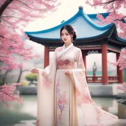 A traditional Chinese girl dressed in ancient attire, featuring intricate embroidery and flowing fabrics