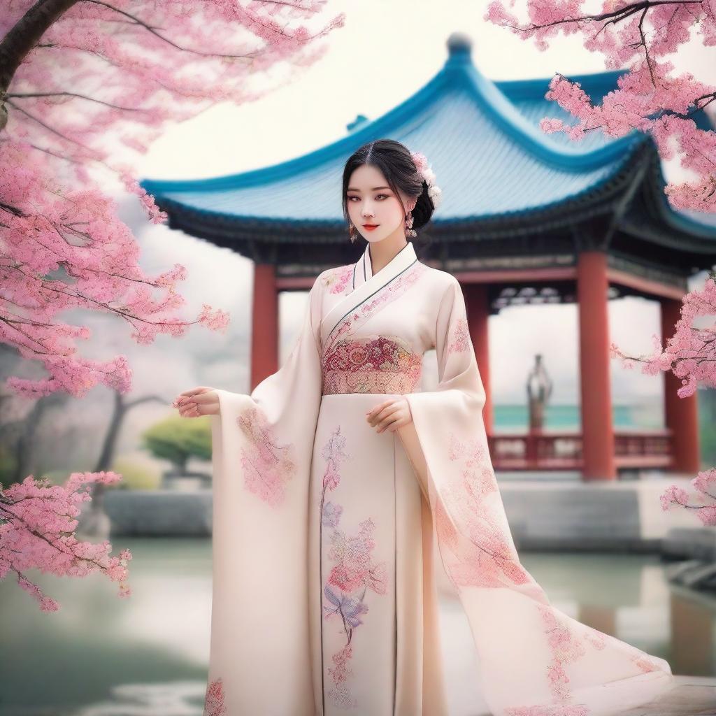 A traditional Chinese girl dressed in ancient attire, featuring intricate embroidery and flowing fabrics