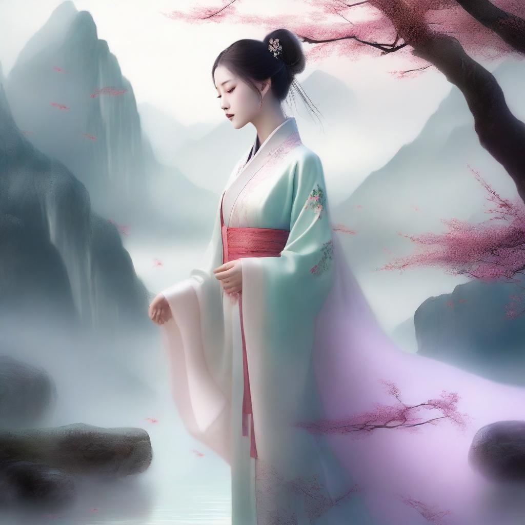 A young girl in ancient Chinese attire, styled as a xianxia character