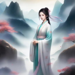 A young girl in ancient Chinese attire, styled as a xianxia character