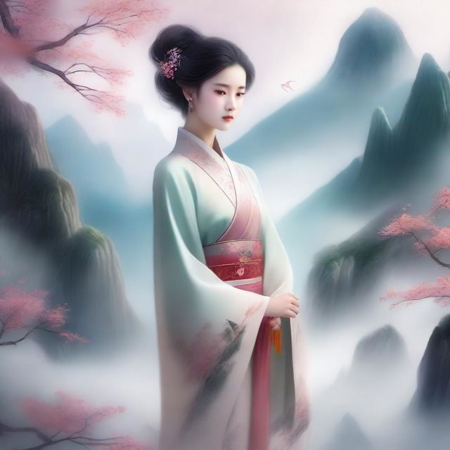 A young girl in ancient Chinese attire, styled as a xianxia character