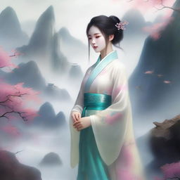 A young girl in ancient Chinese attire, styled as a xianxia character