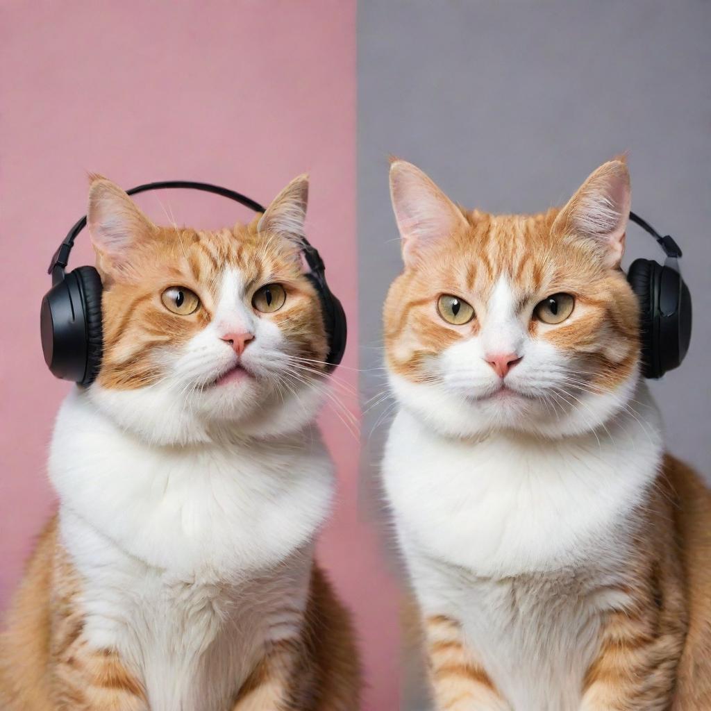 An annoyed cat and a joyfully happy cat, sharing a moment of love despite their contrasting emotions, both sporting stylish headphones.