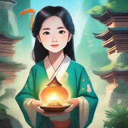 A young girl in traditional Chinese clothing embarks on a journey of cultivation and self-discovery in a mystical world filled with ancient temples, magical creatures, and lush landscapes