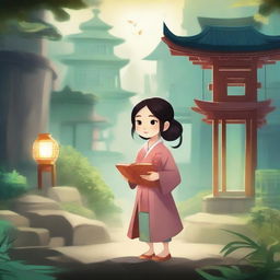 A young girl in traditional Chinese clothing embarks on a journey of cultivation and self-discovery in a mystical world filled with ancient temples, magical creatures, and lush landscapes