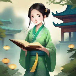 A young girl in traditional Chinese clothing embarks on a journey of cultivation and self-discovery in a mystical world filled with ancient temples, magical creatures, and lush landscapes