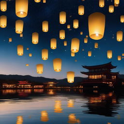 A night sky filled with floating Kongming lanterns