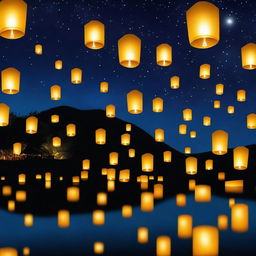 A night sky filled with floating Kongming lanterns