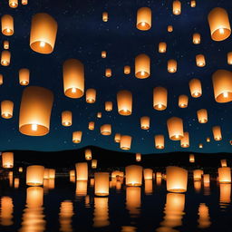 A night sky filled with floating Kongming lanterns