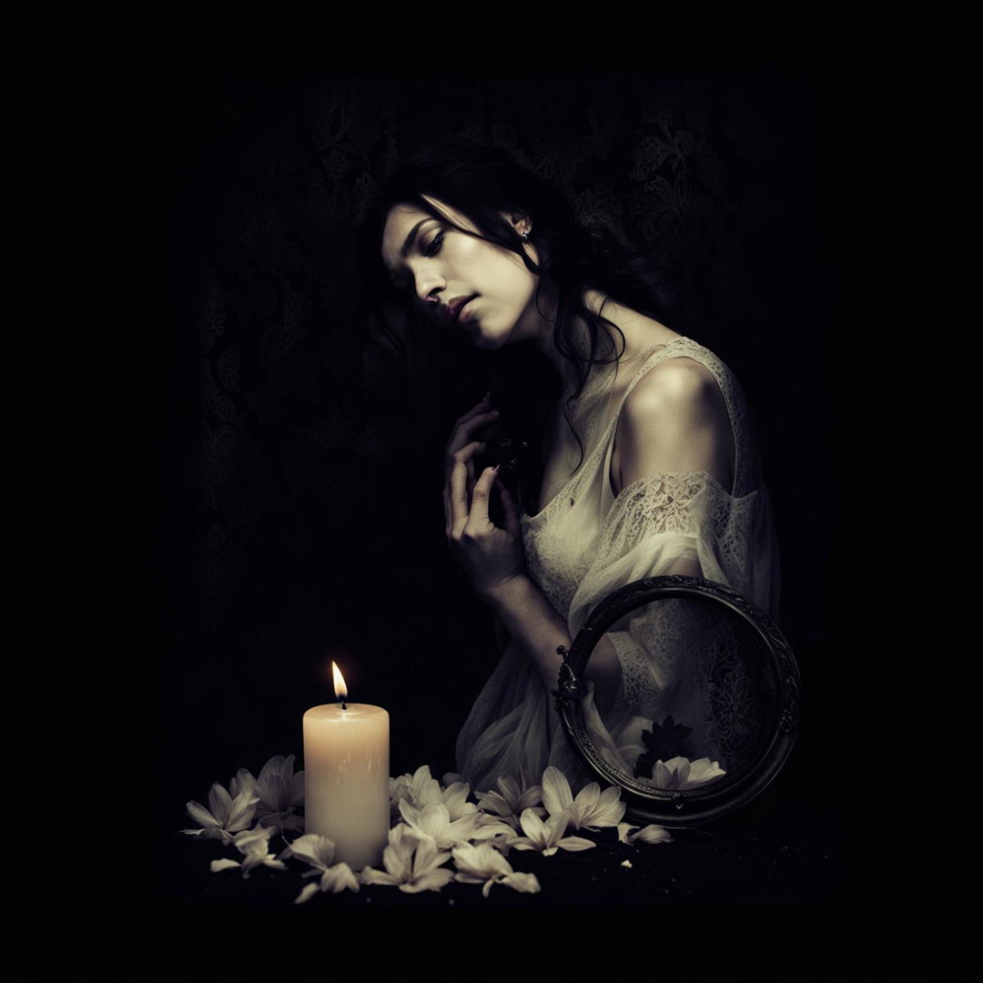 An image titled 'State of Sweet Sorrow' on a black background, featuring a solitary figure with a sorrowful expression and elements symbolizing sadness and beauty, such as falling petals and a dimly lit candle