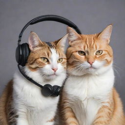 An annoyed cat and a joyfully happy cat, sharing a moment of love despite their contrasting emotions, both sporting stylish headphones.