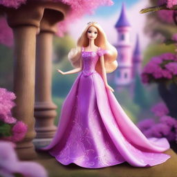 A beautiful and elegant image of Barbie as Rapunzel, with long flowing hair, wearing a stunning pink and purple gown, standing in a magical forest with a tall tower in the background