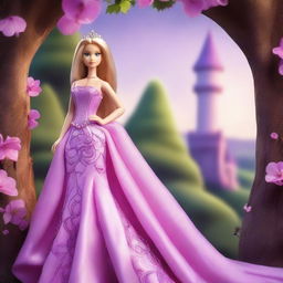 A beautiful and elegant image of Barbie as Rapunzel, with long flowing hair, wearing a stunning pink and purple gown, standing in a magical forest with a tall tower in the background