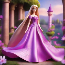 A beautiful and elegant image of Barbie as Rapunzel, with long flowing hair, wearing a stunning pink and purple gown, standing in a magical forest with a tall tower in the background