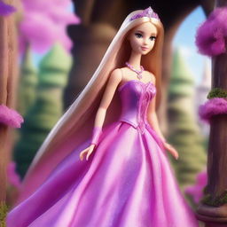 A beautiful and elegant image of Barbie as Rapunzel, with long flowing hair, wearing a stunning pink and purple gown, standing in a magical forest with a tall tower in the background