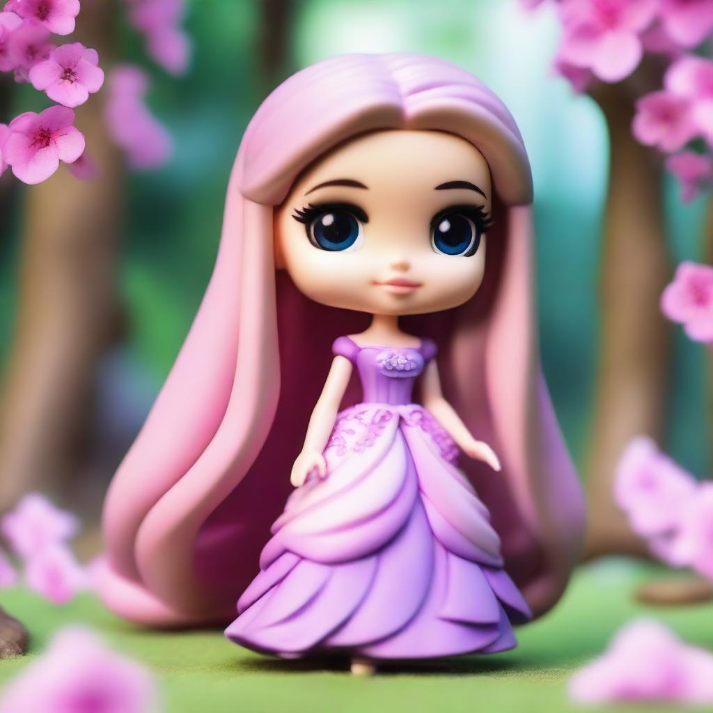 A cute and whimsical image of Barbie as Rapunzel in a Funko Pop chibi style, with exaggerated features, big eyes, and a small body