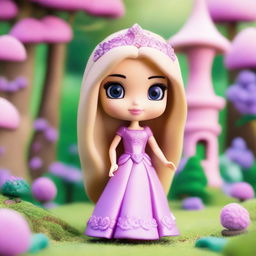 A cute and whimsical image of Barbie as Rapunzel in a Funko Pop chibi style, with exaggerated features, big eyes, and a small body