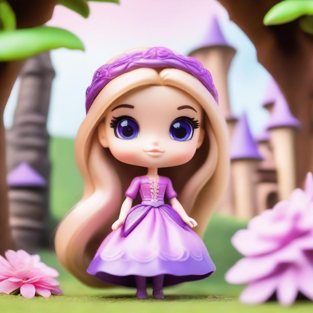 A cute and whimsical image of Barbie as Rapunzel in a Funko Pop chibi style, with exaggerated features, big eyes, and a small body