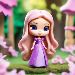 A cute and whimsical image of Barbie as Rapunzel in a Funko Pop chibi style, with exaggerated features, big eyes, and a small body