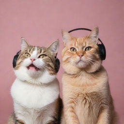 An annoyed cat and a joyfully happy cat, sharing a moment of love despite their contrasting emotions, both sporting stylish headphones.