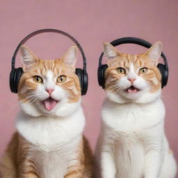 An annoyed cat and a joyfully happy cat, sharing a moment of love despite their contrasting emotions, both sporting stylish headphones.